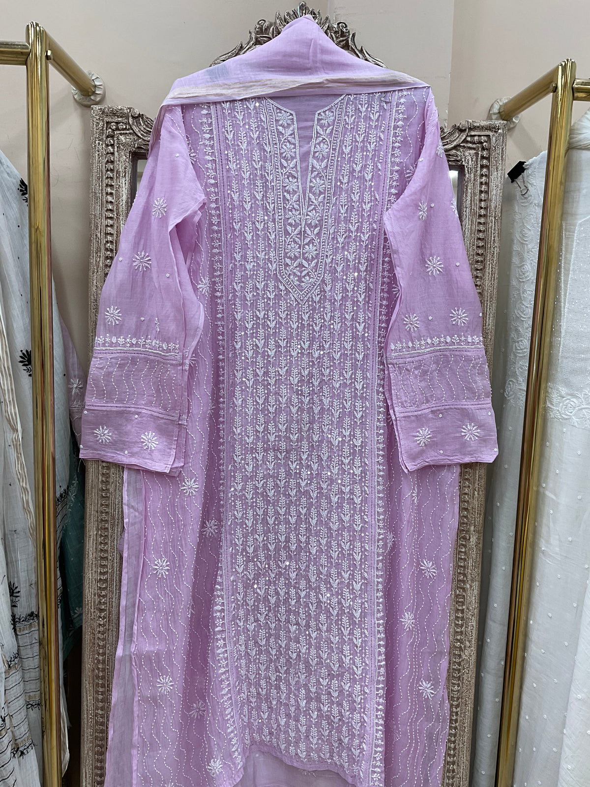 Pure Mulmul Cotton Semistiched Kurta Pearl And Addon Work With Dupatta Lilac