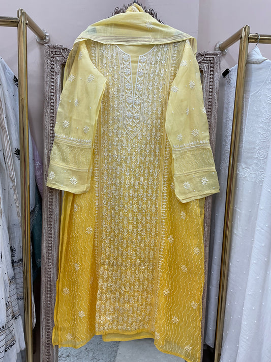 Pure Mulmul Cotton Semistiched Kurta Pearl And Addon Work With Dupatta Yellow