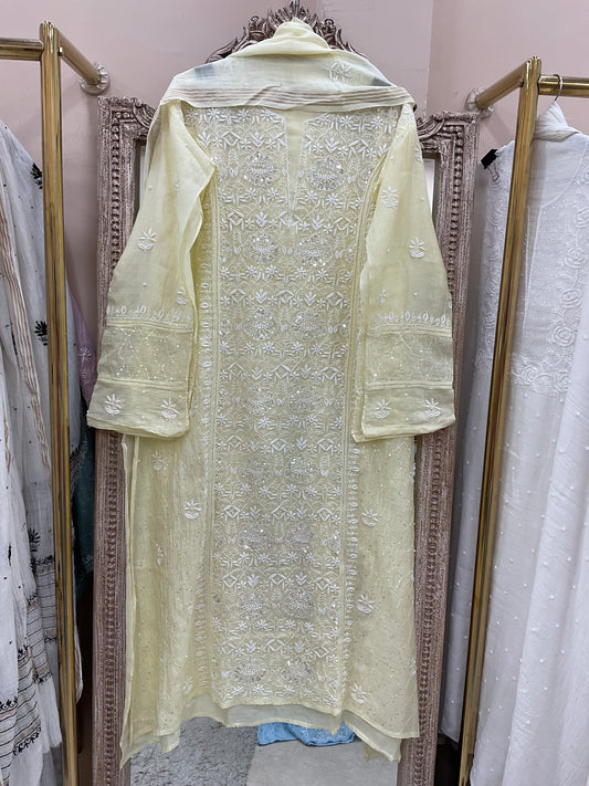 Pure Mulmul Cotton Semistiched Kurta Pearl And Addon Work With Dupatta Light Yellow