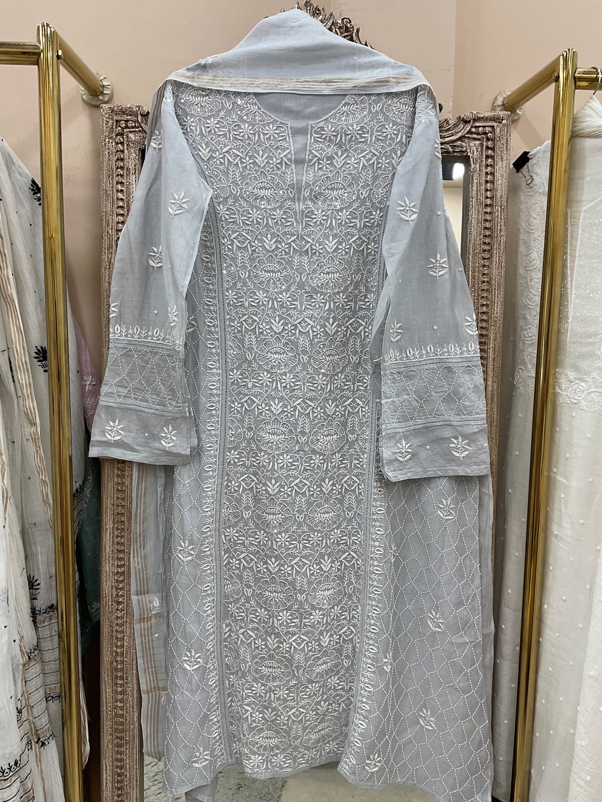 Pure Mulmul Cotton Semistiched Kurta Pearl And Addon Work With Dupatta Gray