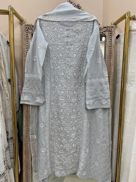Pure Mulmul Cotton Semistiched Kurta Pearl And Addon Work With Dupatta Gray