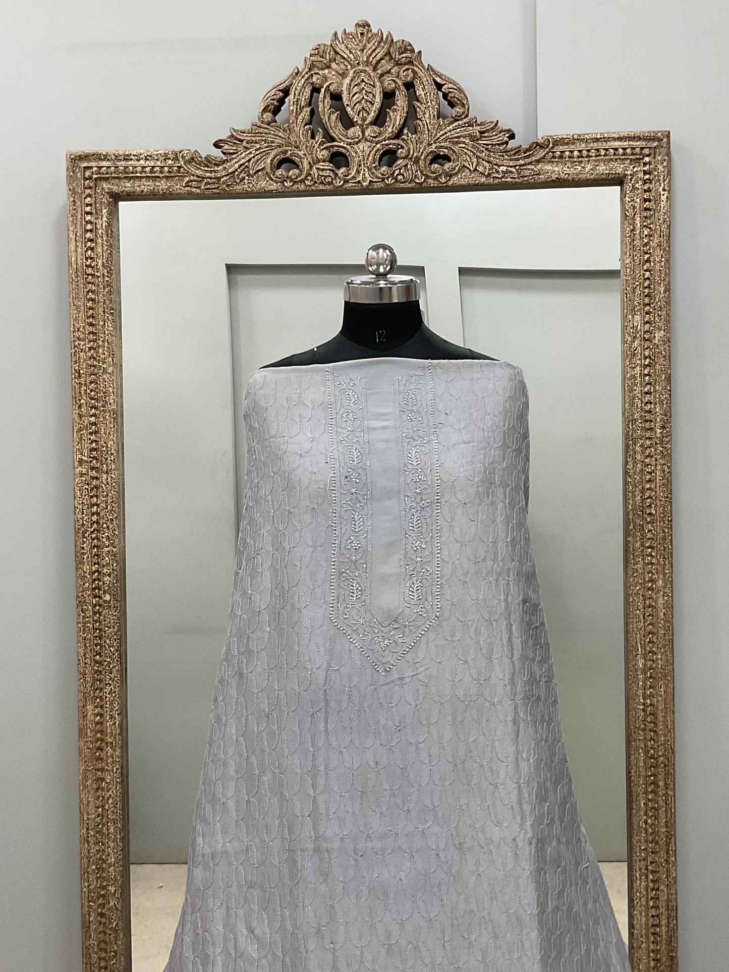 Gents Kurta Pure Chanderi Front Jaal Heavy Chicken Work Gray