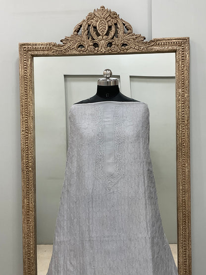 Gents Kurta Pure Chanderi Front Jaal Heavy Chicken Work Gray