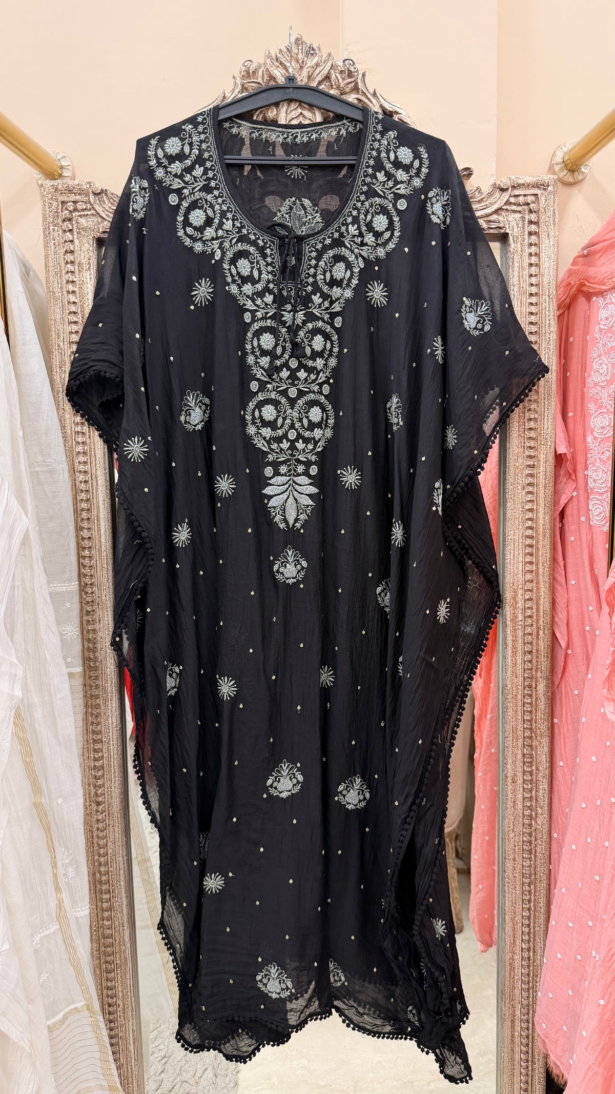 Pure Mulmul Kaftan Pearl And Addon Work Black