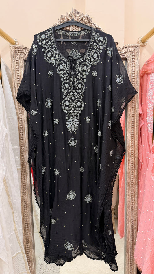 Pure Mulmul Kaftan Pearl And Addon Work Black