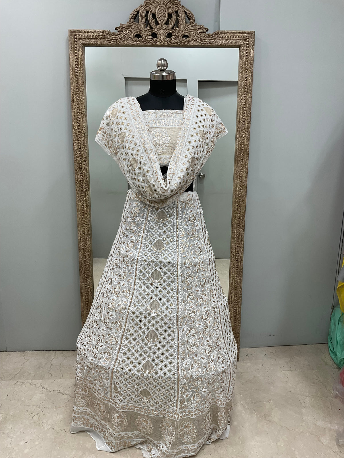 Pure Georgette Lehenga With Heavy Gota Mirror Work Off White 02