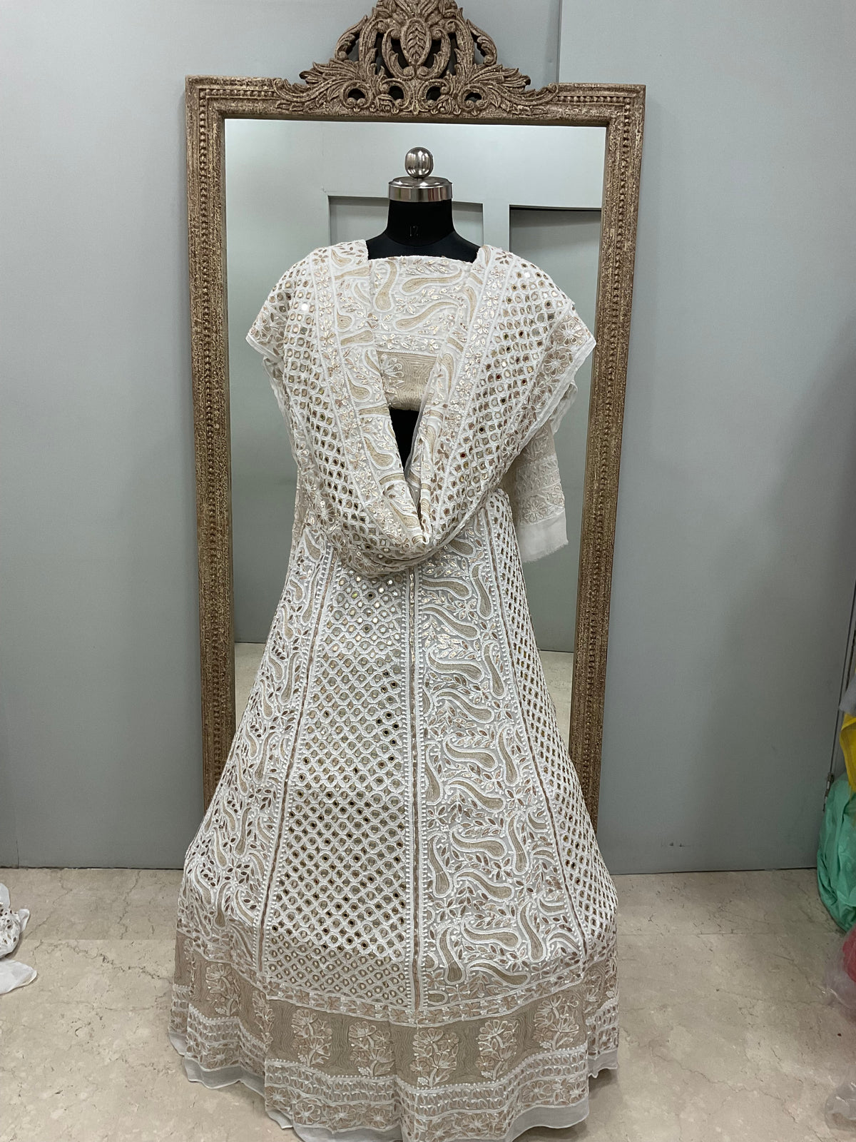 Pure Georgette Lehenga With Heavy Gota Mirror Work Off White 03