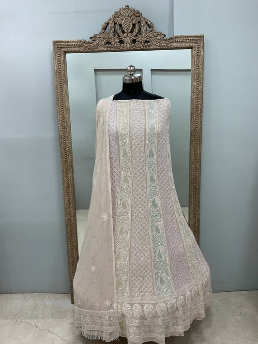 Pure Georgette Anarkali Heavy Pearl, Cutdana and Sequence Beige