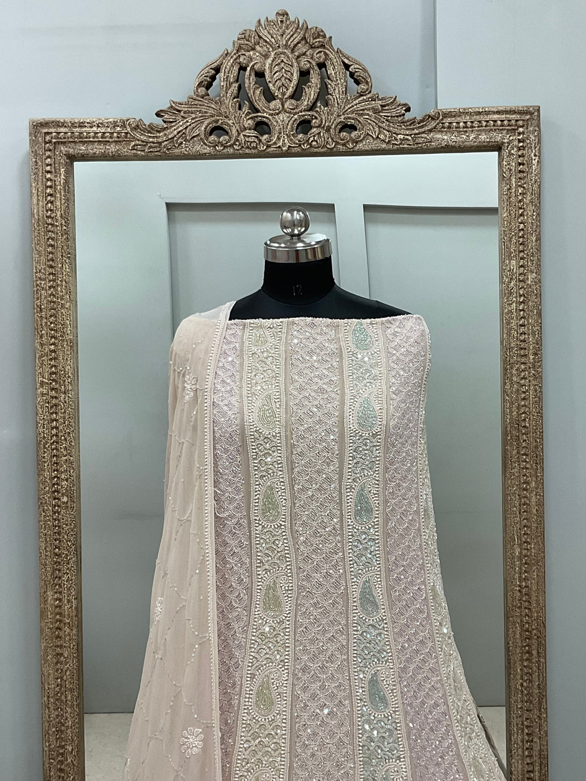 Pure Georgette Anarkali Heavy Pearl, Cutdana and Sequence Beige