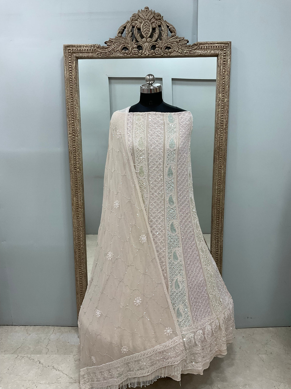 Pure Georgette Anarkali Heavy Pearl, Cutdana and Sequence Beige