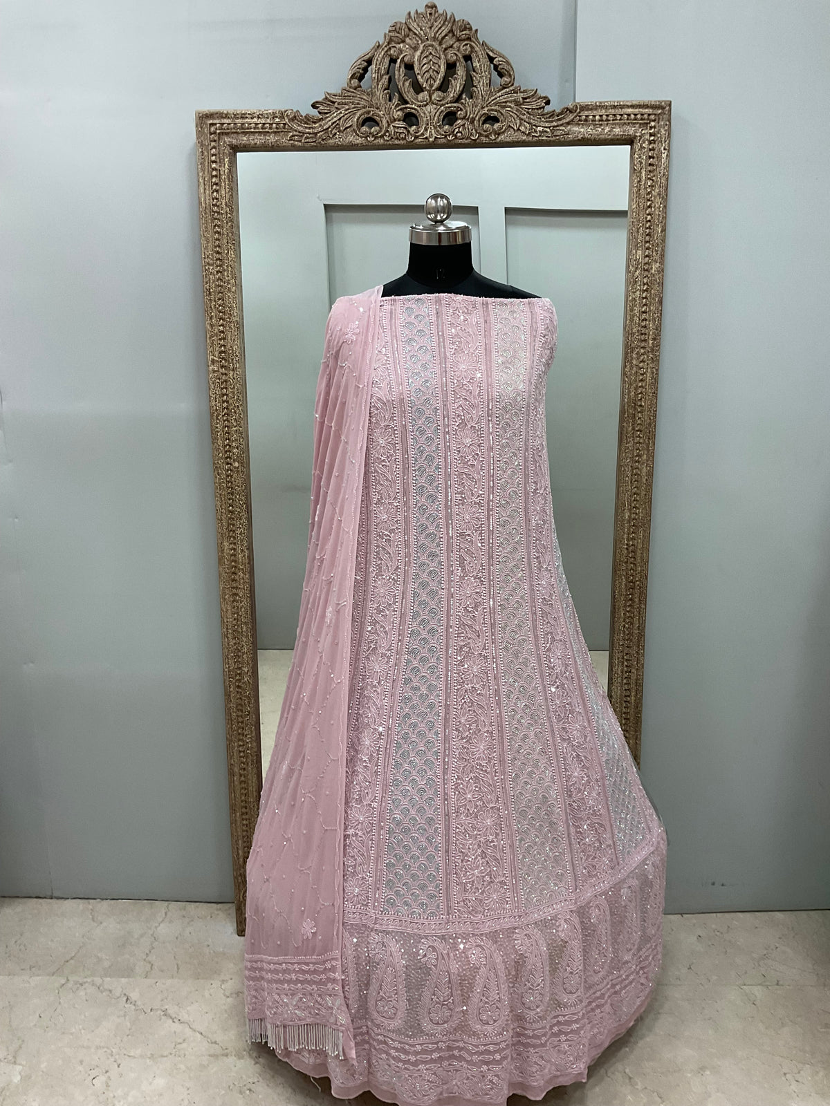 Pure Georgette Anarkali Heavy Pearl, Cutdana and Sequence  Lilac Pink