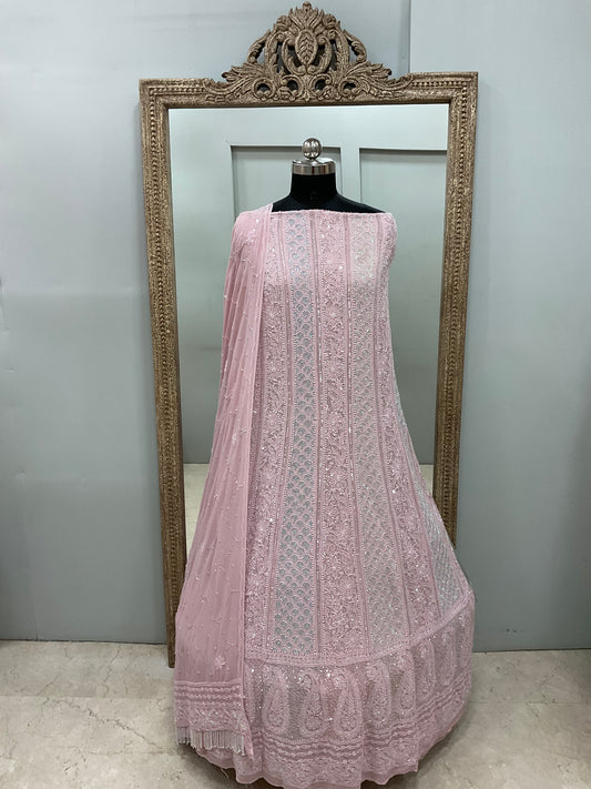 Pure Georgette Anarkali Heavy Pearl, Cutdana and Sequence  Lilac Pink