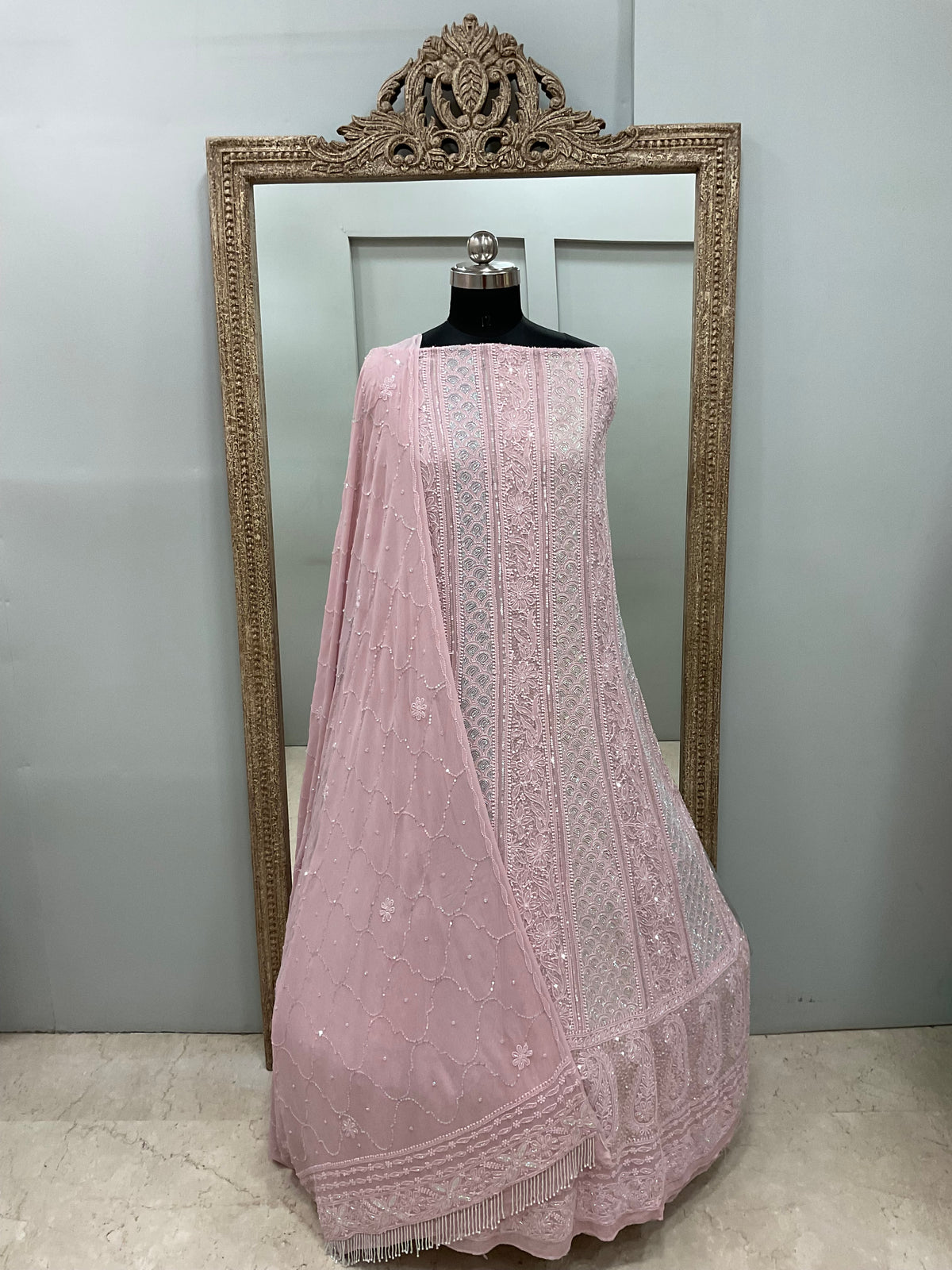 Pure Georgette Anarkali Heavy Pearl, Cutdana and Sequence  Lilac Pink