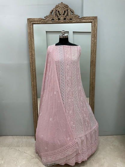 Pure Georgette Anarkali Heavy Pearl, Cutdana and Sequence  Lilac Pink