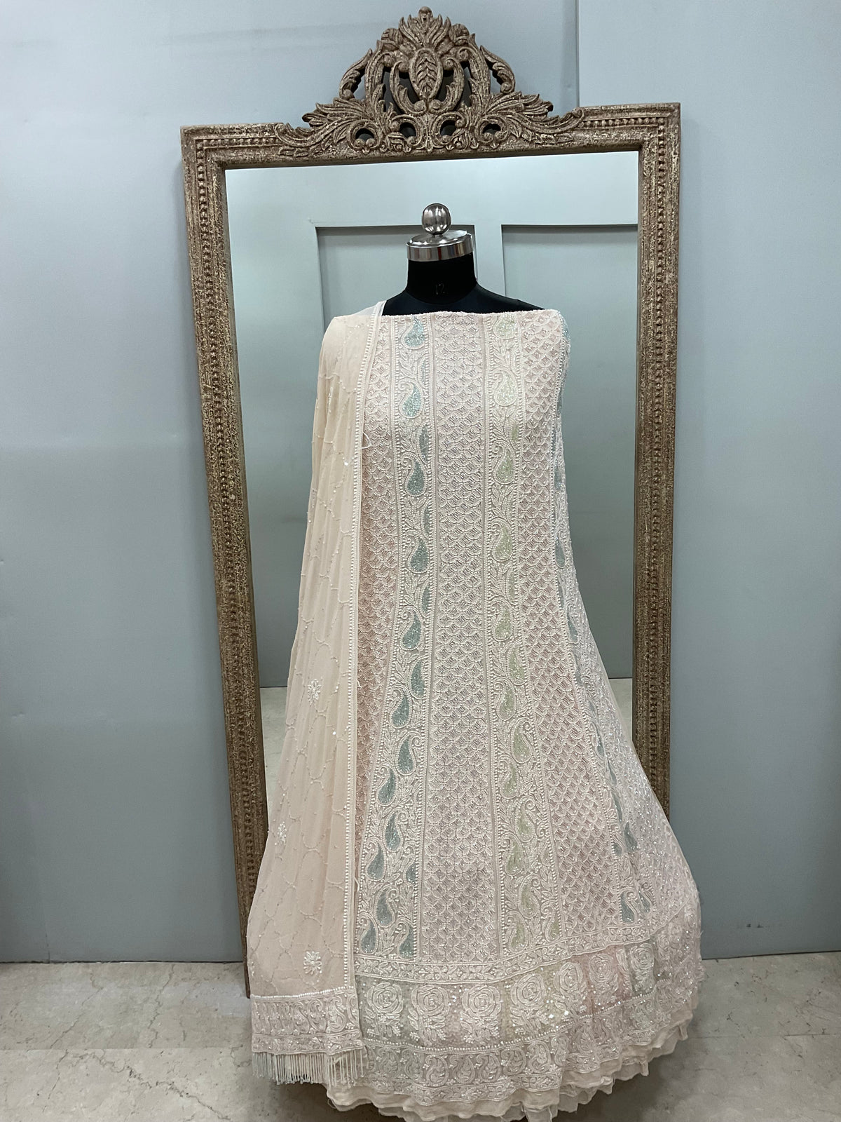 Pure Georgette Anarkali Heavy Pearl, Cutdana and Sequence Powder Beige