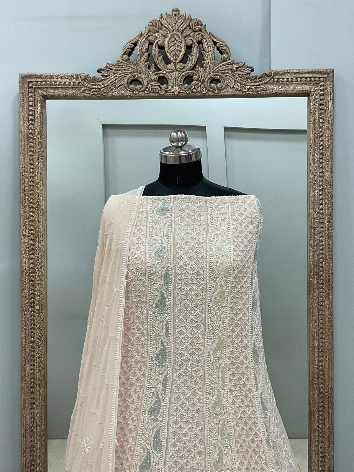 Pure Georgette Anarkali Heavy Pearl, Cutdana and Sequence Powder Beige