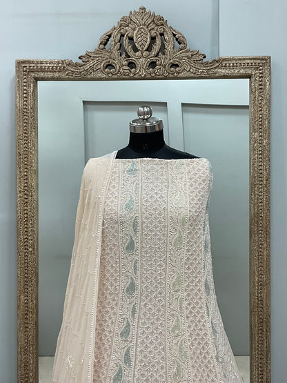 Pure Georgette Anarkali Heavy Pearl, Cutdana and Sequence Powder Beige