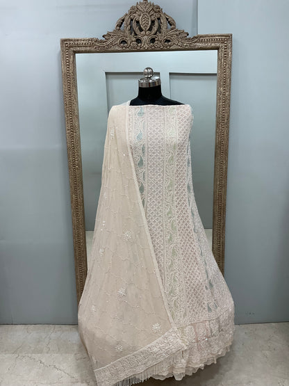 Pure Georgette Anarkali Heavy Pearl, Cutdana and Sequence Powder Beige