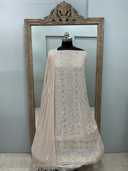 Pure Georgette Heavy Pearl Cutdana and Sequence Designer Beige