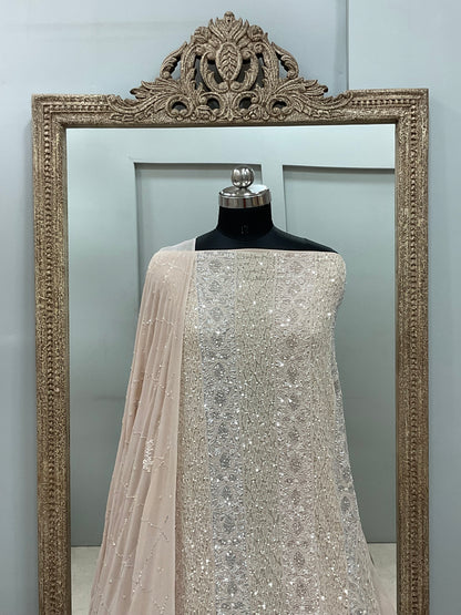 Pure Georgette Heavy Pearl Cutdana and Sequence Designer Beige