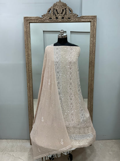 Pure Georgette Heavy Pearl Cutdana and Sequence Designer Beige