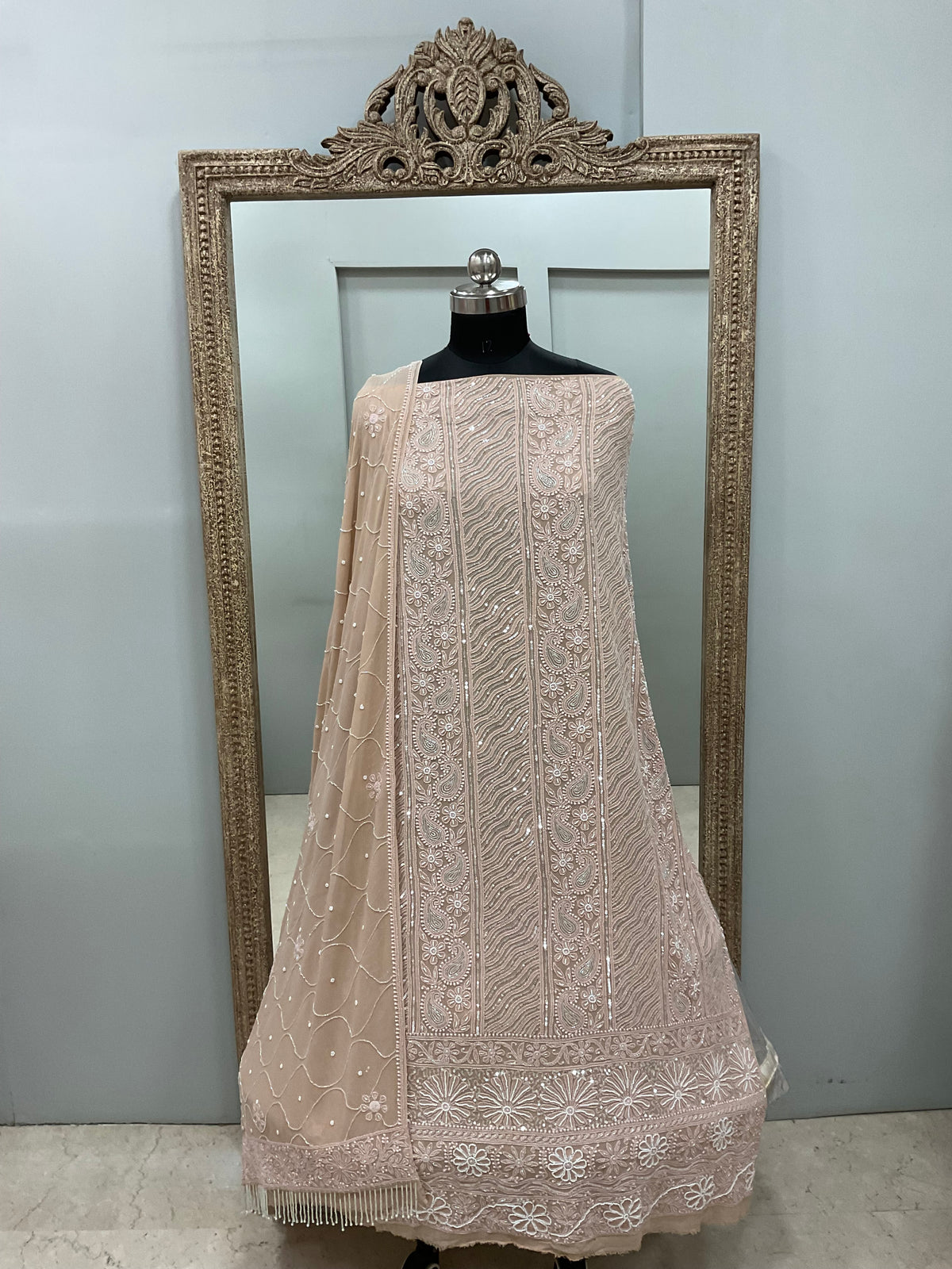 Pure Georgette Heavy Pearl Cutdana and Sequence Designer Golden Beige