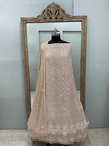 Pure Georgette Heavy Pearl Cutdana and Sequence Designer Golden Beige