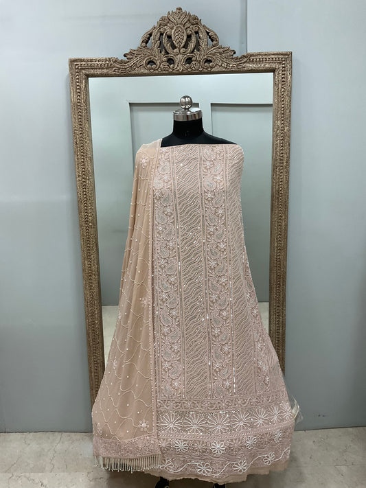 Pure Georgette Heavy Pearl Cutdana and Sequence Designer Golden Beige