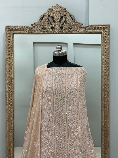 Pure Georgette Heavy Pearl Cutdana and Sequence Designer Golden Beige