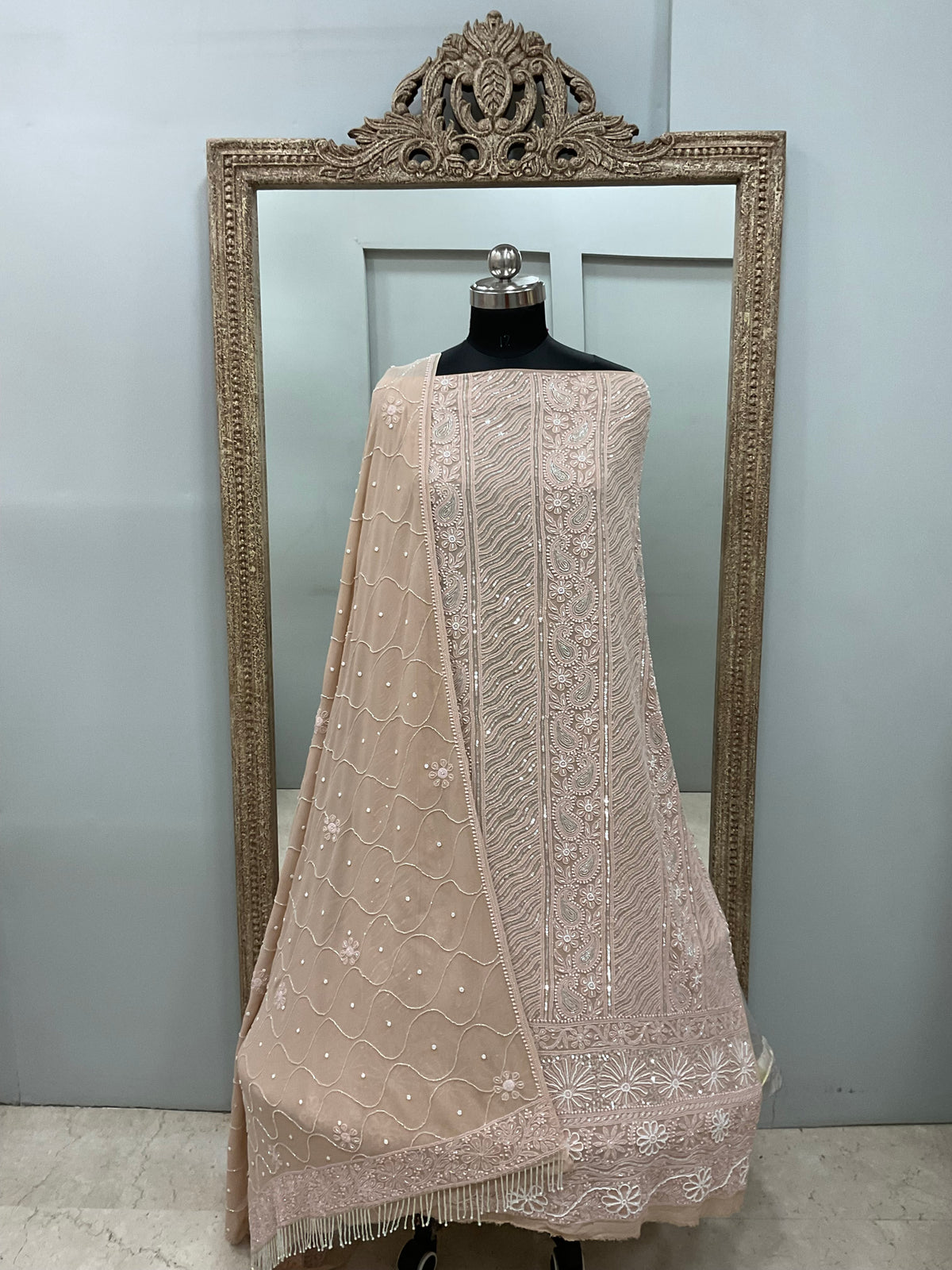 Pure Georgette Heavy Pearl Cutdana and Sequence Designer Golden Beige