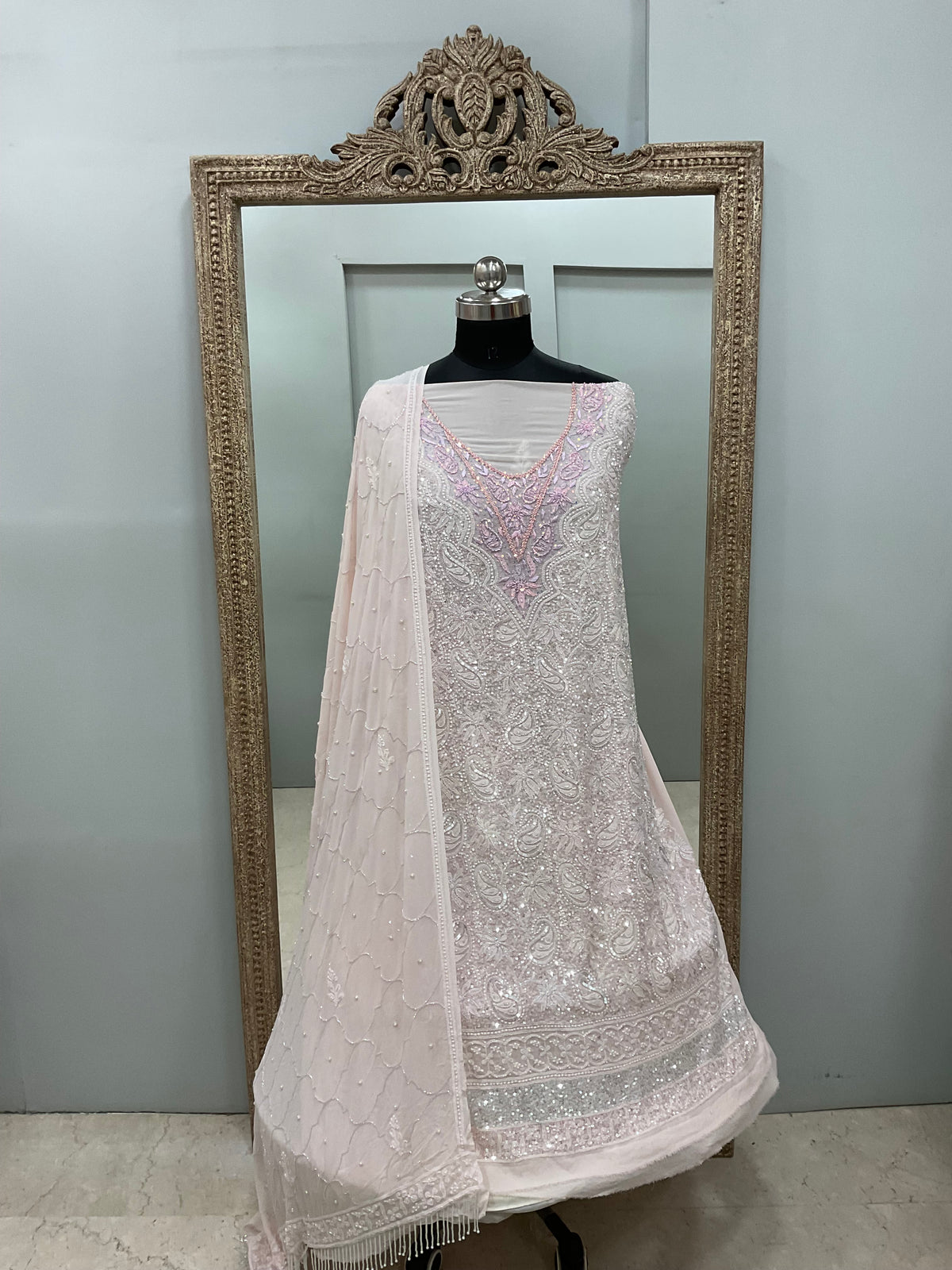 Pure Georgette Heavy Pearl Cutdana and Sequence Designer Powder Pink