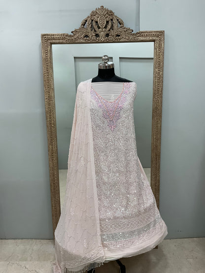 Pure Georgette Heavy Pearl Cutdana and Sequence Designer Powder Pink