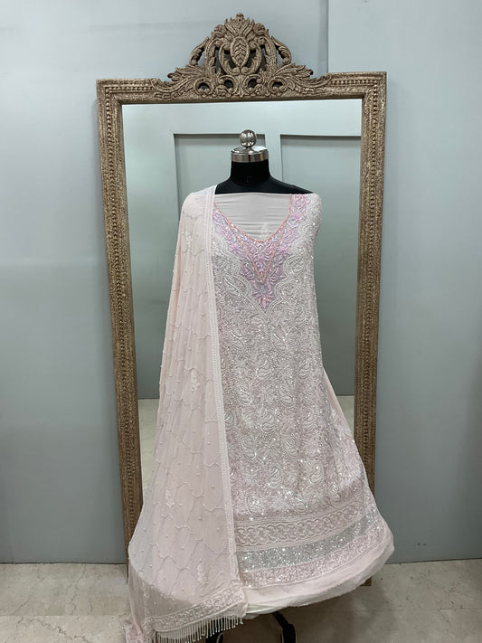 Pure Georgette Heavy Pearl Cutdana and Sequence Designer Powder Pink