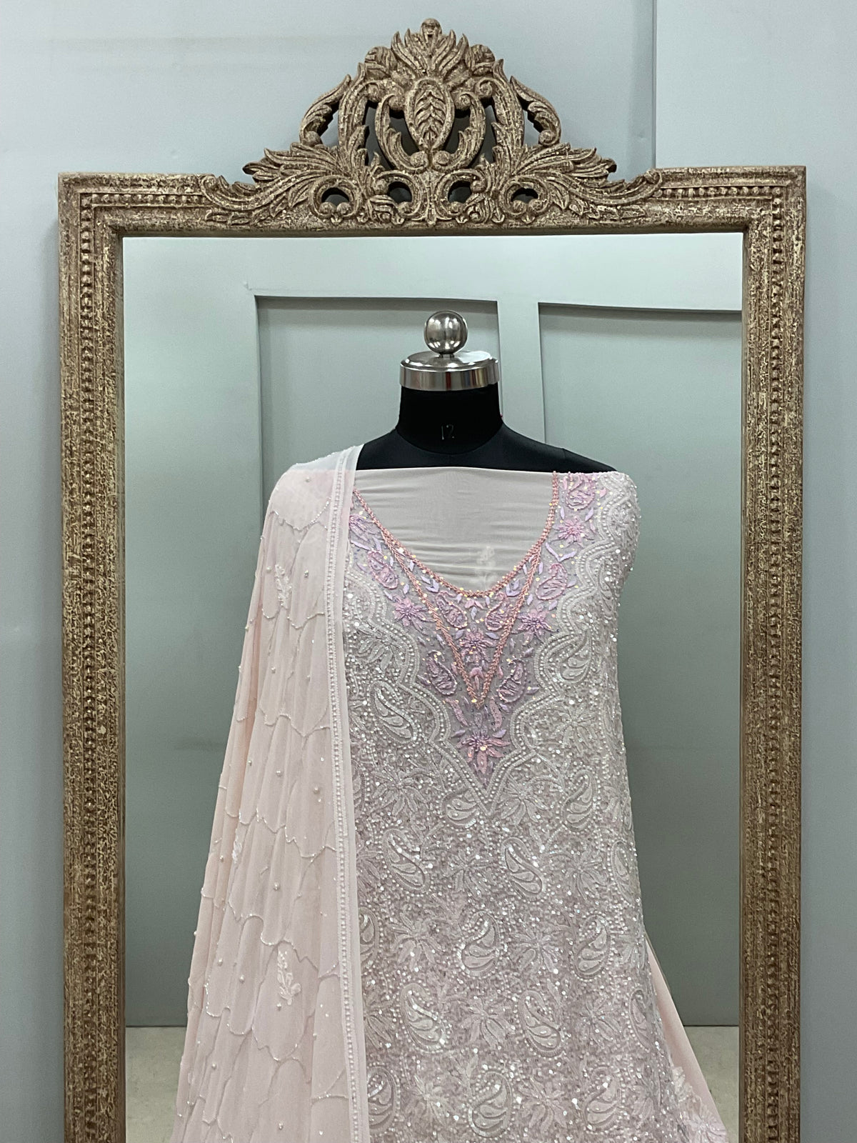 Pure Georgette Heavy Pearl Cutdana and Sequence Designer Powder Pink