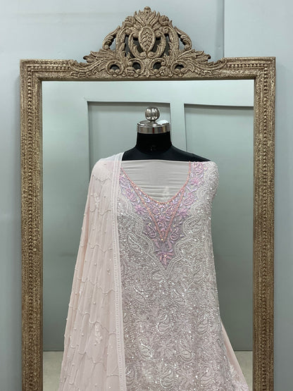Pure Georgette Heavy Pearl Cutdana and Sequence Designer Powder Pink