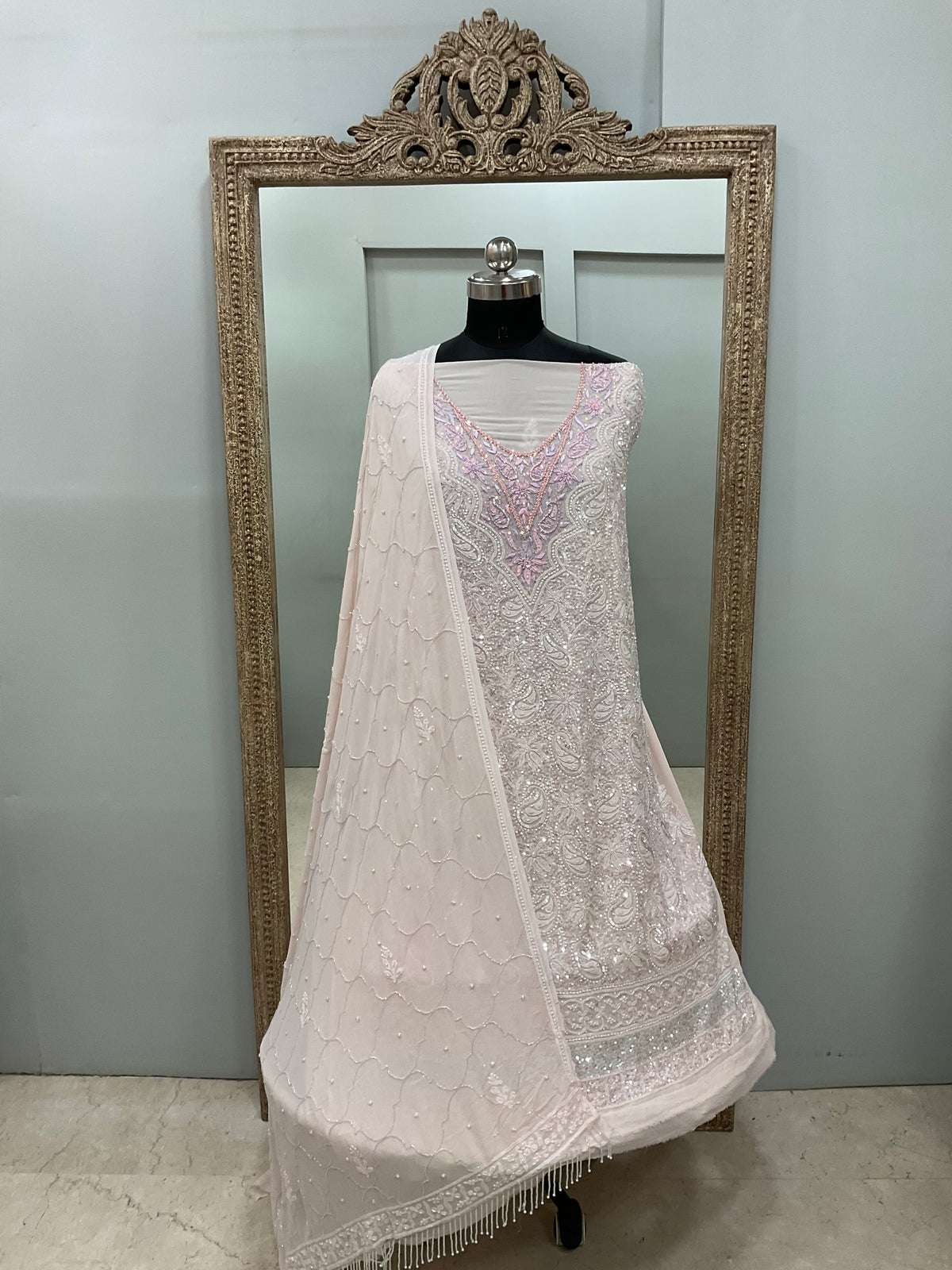 Pure Georgette Heavy Pearl Cutdana and Sequence Designer Powder Pink