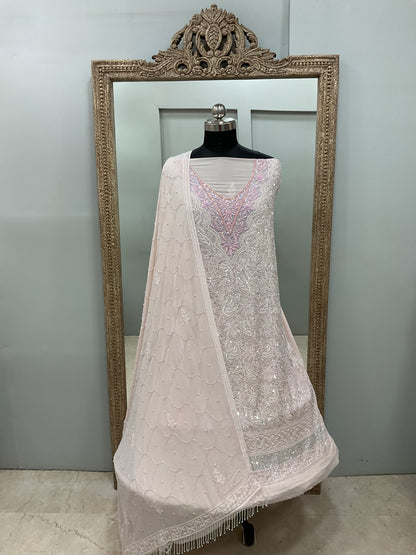 Pure Georgette Heavy Pearl Cutdana and Sequence Designer Powder Pink