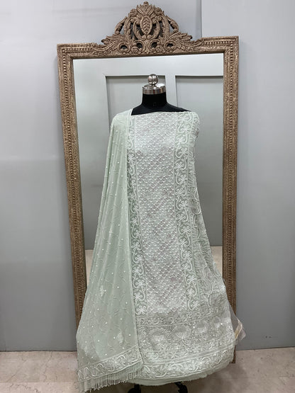 Pure Georgette Heavy Pearl Cutdana and Sequence Designer Green