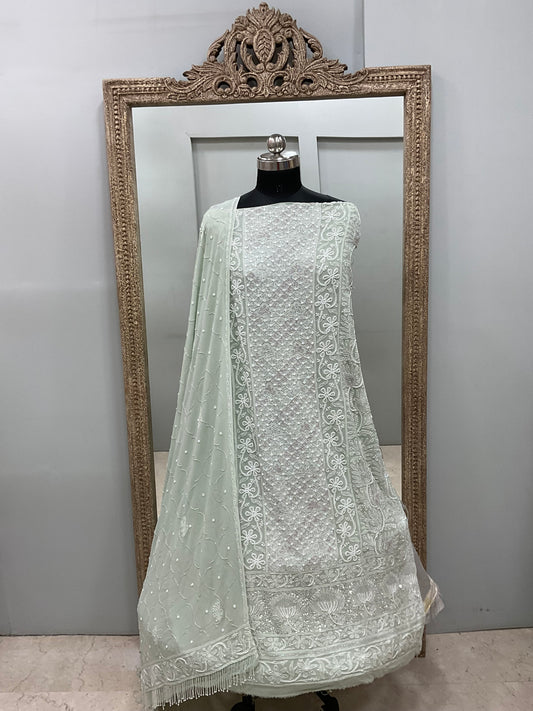 Pure Georgette Heavy Pearl Cutdana and Sequence Designer Green