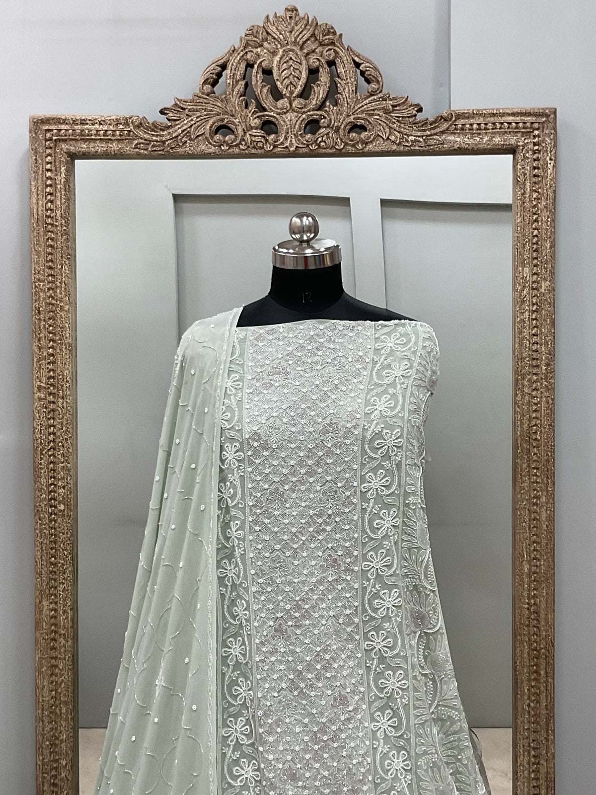 Pure Georgette Heavy Pearl Cutdana and Sequence Designer Green