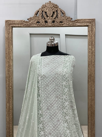 Pure Georgette Heavy Pearl Cutdana and Sequence Designer Green