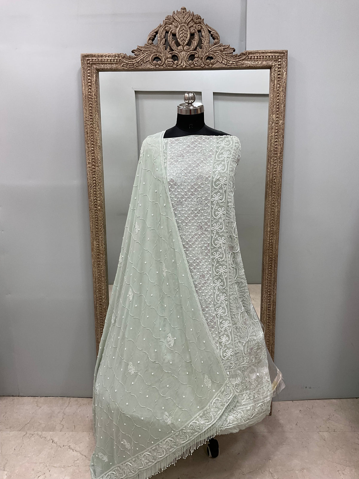 Pure Georgette Heavy Pearl Cutdana and Sequence Designer Green