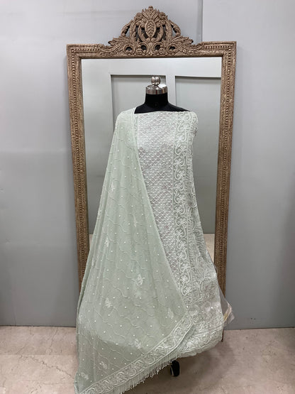 Pure Georgette Heavy Pearl Cutdana and Sequence Designer Green