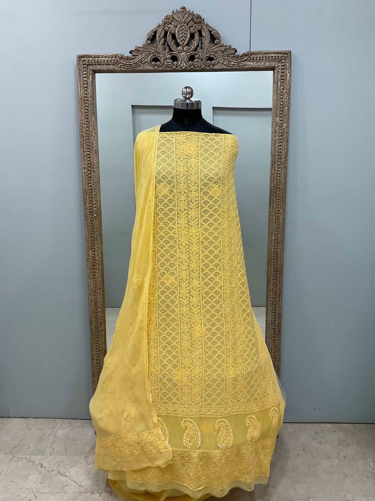 Georgette Straight Cutdana and Sequence Work Yellow