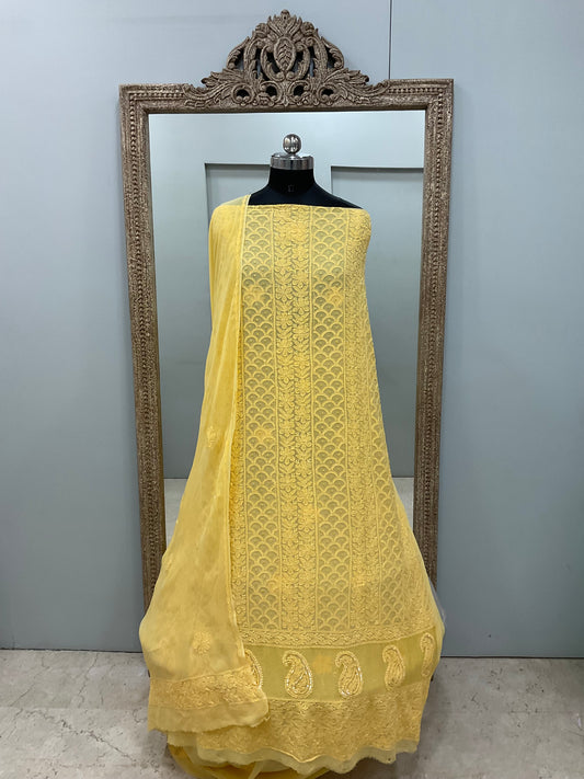 Georgette Straight Cutdana and Sequence Work Yellow