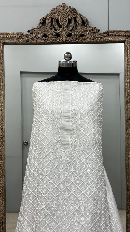 Gents Kurta Pure Chanderi Front Jaal Heavy Chicken Work White 05