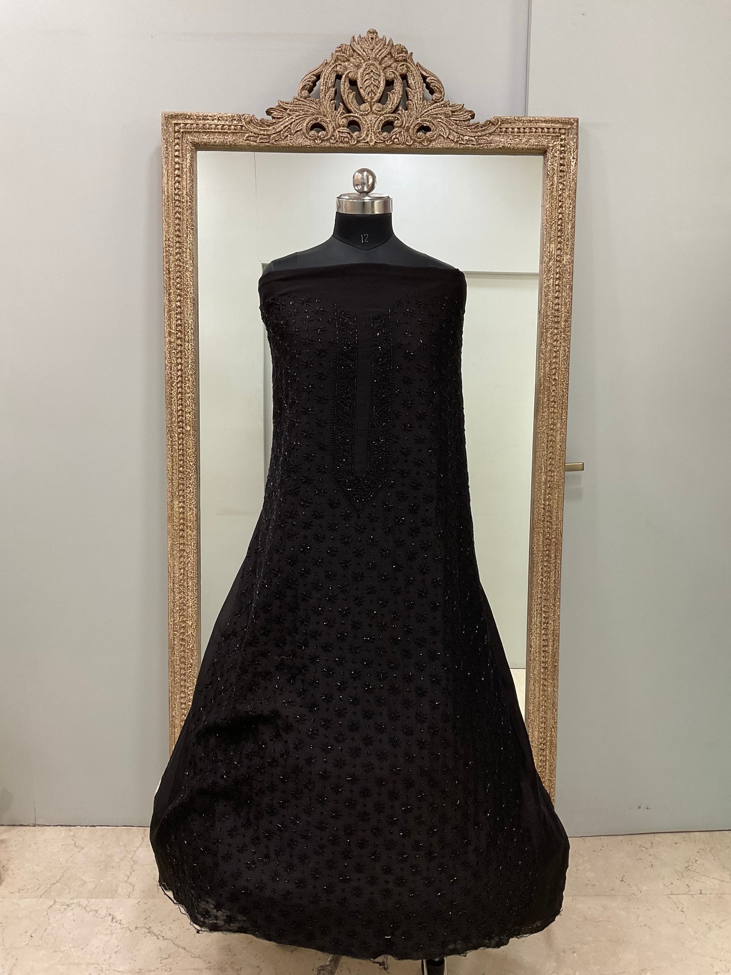 Gents Kurta Pure Chanderi Front Jaal Heavy Cutdana and Pearl Black