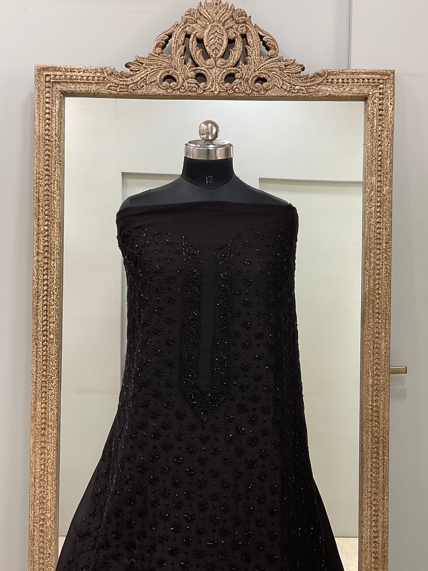 Gents Kurta Pure Chanderi Front Jaal Heavy Cutdana and Pearl Black