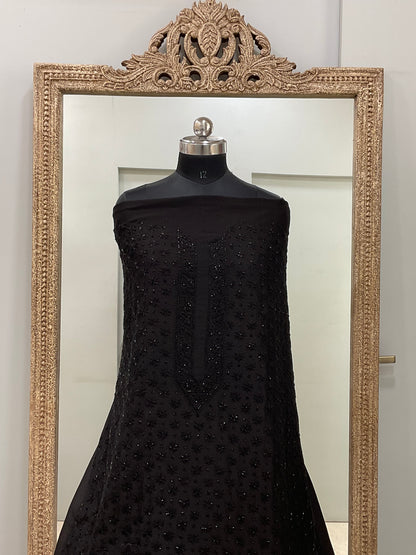 Gents Kurta Pure Chanderi Front Jaal Heavy Cutdana and Pearl Black