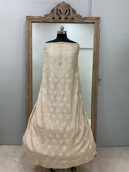 Pure Silk Gents Kurta Front Jaal Heavy Chickan Work Beige 02